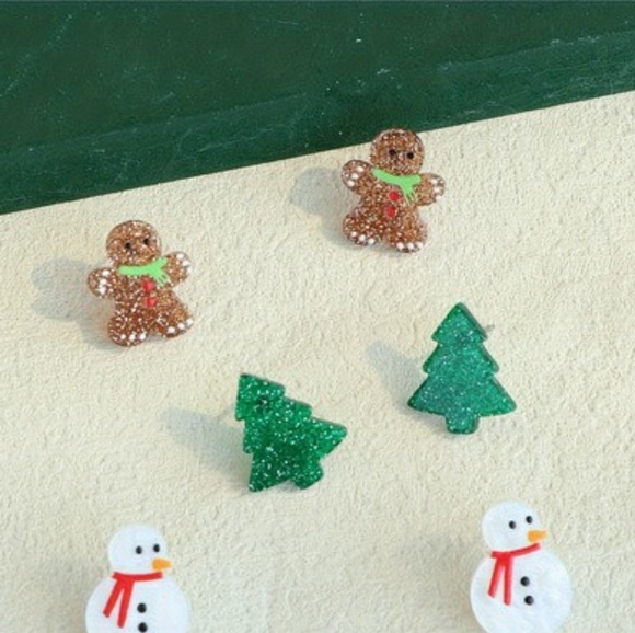 Gingerbread earrings 3 pair set Christmas Tree Snowman Holiday Jewelry NWT - Picture 3 of 8